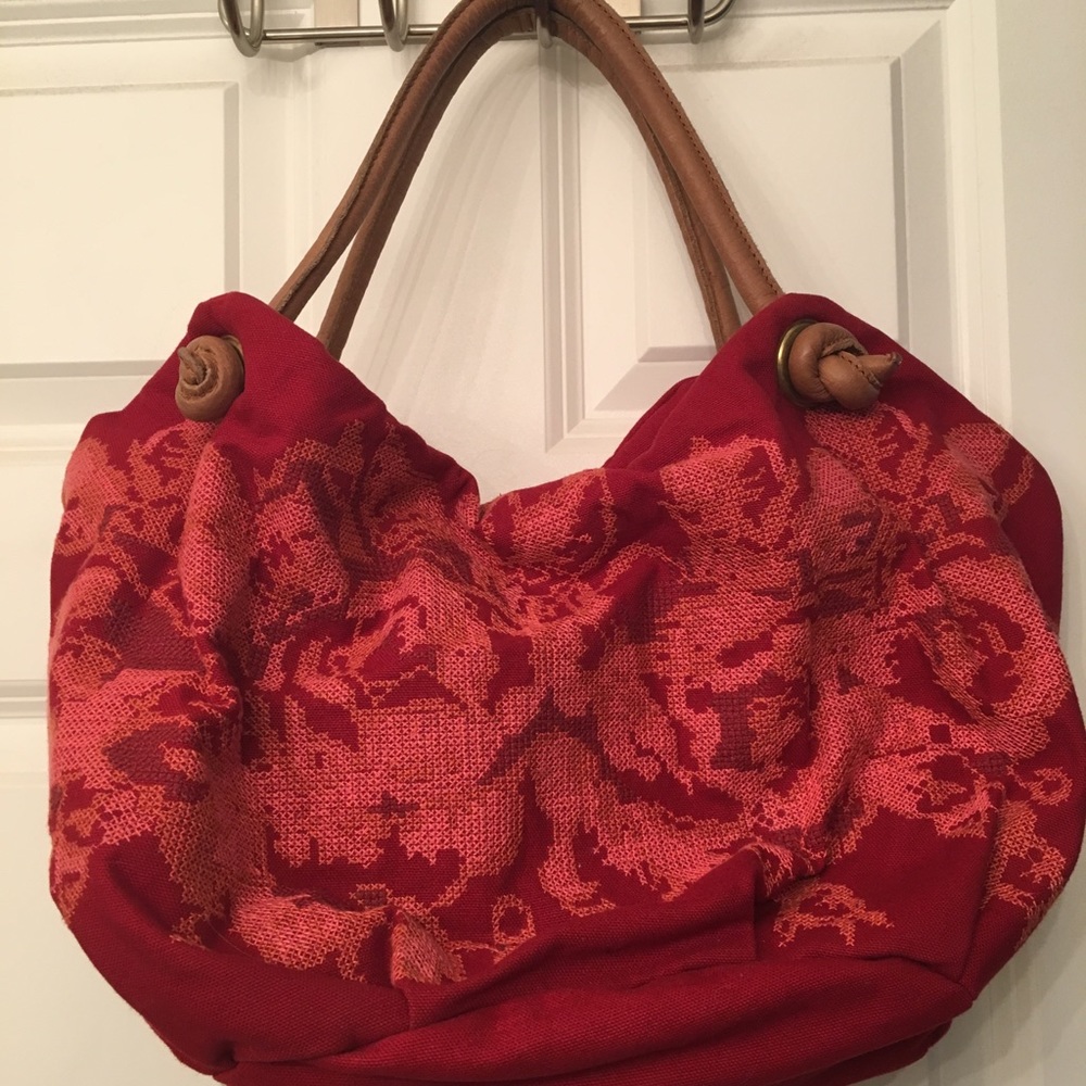 Anthropologie new red fabric bag tote leather hobo
